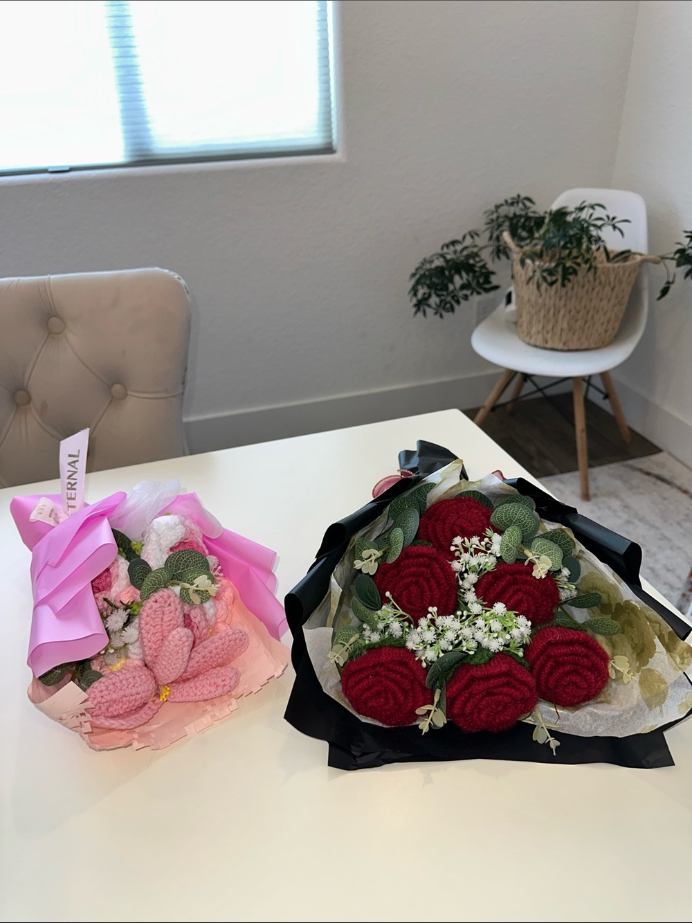 Handcrafted Red Knit Rose And Pink Bouquet with Green Accents
